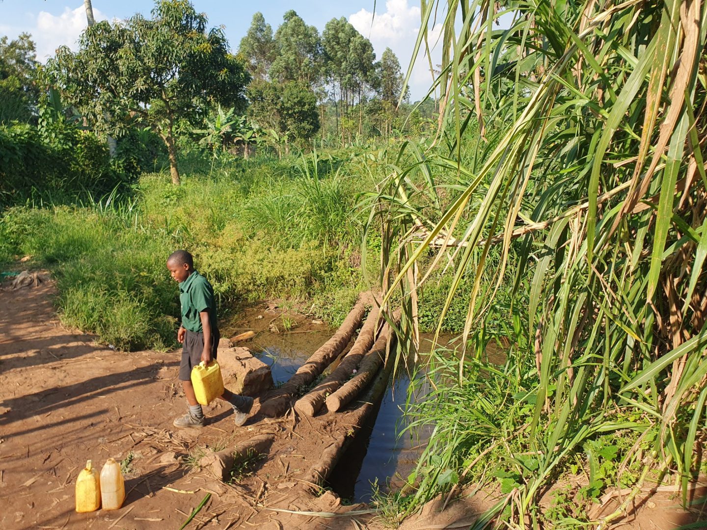 Kind holt Wasser aus einem Fluss