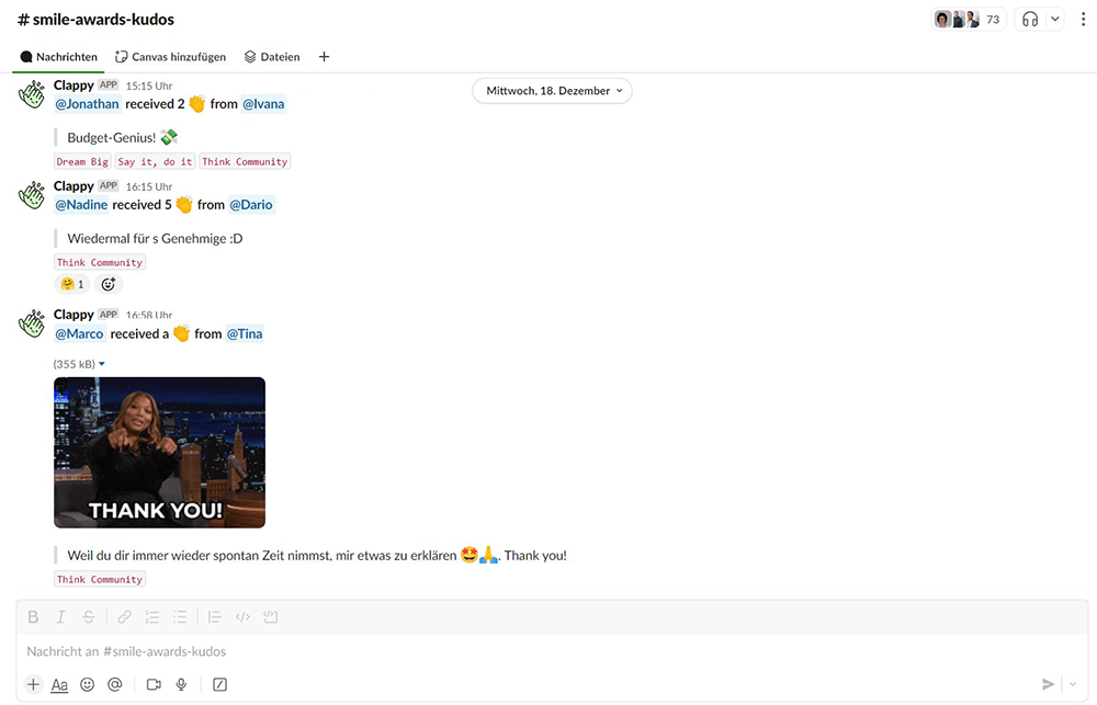 Ausschnitt Slack Channel